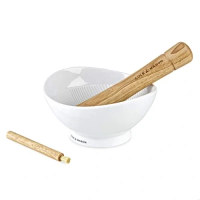 Image of Cole &amp; Mason H111929 Suribachi Pestle Mortar Spice Grinder/Herb Grinder White Glazed Porcelain/Hevea Ceramic and Set Includes Wooden Brush 2 Year Guarantee