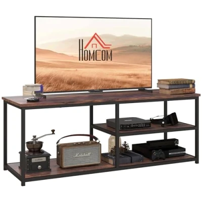 Image of HOMCOM TV Unit For 55 inch TVs, Industrial Table with 2 Storage Shelves and Metal Frame, Entertainment living Room, Rustic Brown