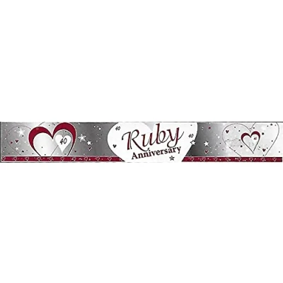 Image of SILVER, WHITE &amp; RUBY RED WEDDING ANNIVERSARY 40TH BANNER 9FT (REPEATS 3 TIMES)