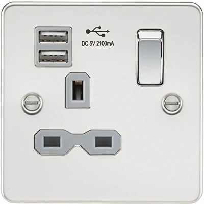 Image of KnightsBridge Flat plate 13A 1G switched socket with dual USB charger (2.1A) polished chrome grey insert