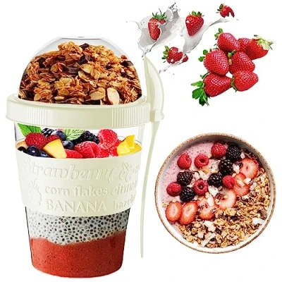 Image of VL Yogurt Pots Spoon Reusable 600ML Overnight Oats Container Muesli Cup with Lid BPA free Breakfast Go Cereal On Dishwasher Safe Snack Lunch Oatmeal Jars Travel Meal Food (Cream)