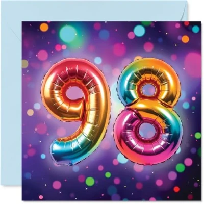 Image of 98th Birthday Cards for Men Women Rainbow Foil Balloon Happy Card 98 Year Old Man Woman Nanny Nan Auntie Dad, 145mm Bday Greeting