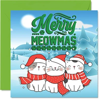 Image of Cat Christmas Cards for Women Men Festive Feline Happy Xmas Card To All The Family Sister Brother Cousin Uncle Auntie, 145mm x Single Pet Greeting Gift