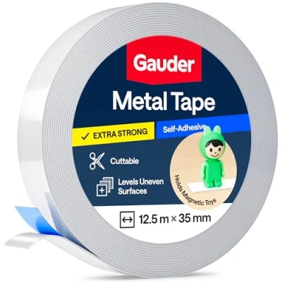 Image of GAUDER Self Adhesive Metal Tape Thin Strips for Magnets, Tonies® Figures &amp; Shelves Ferrous (12,5 m)