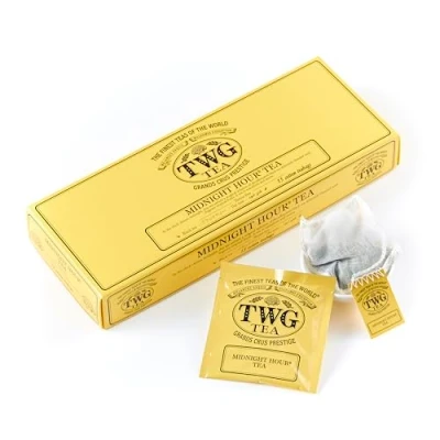 Image of TWG Tea Midnight Hour Black Fragrant Tropical Fruits 15 Hand Sewn Cotton Bags Gift Set