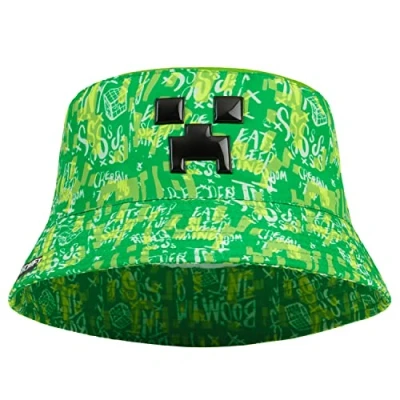 Image of Minecraft Boys Bucket Hat, Sun Hat for Kids Beach Summer Holiday Essentials Gifts Gamers (Green Non Reversible)