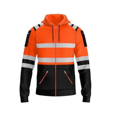 Image of trending babz Mens Hi Vis Zipper Hoodie Sweatshirt Safety Work High Viz Reflective Tape Multi Zipped Pockets Yellow Orange Visibility Top