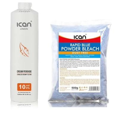 Image of ICAN LONDON PROFESSIONAL CREAM PEROXIDE 10 VOL 3% 1000 ML + DUST FREE POWDER BLEACH 500 G SET