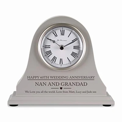 Image of De Walden 60th Diamond Wedding anniversary couple gift Engraved Grey Mantel Clock