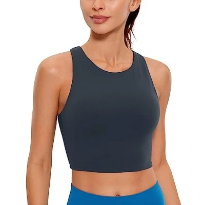 Image of CRZ YOGA Women&#039;s Butterluxe Racer Back Padded Sports Bra High Neck Longline Crop Top Gym Workout Tank Tops with Built in True Navy 8