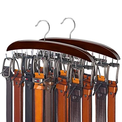 Image of Belt Hanger, 14 Hooks Holder for Closet, Wooden Tie/Belt Rack Storage, 360Rotating Belts Organizer Closet Space Save Tie Walnut Wood with Chrome 2 Pack