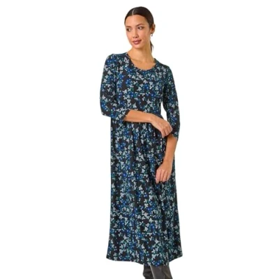 Image of Roman Originals Midi Gathered Dress with Pockets for Women UK Ladies Stretchy Jersey Maxi Round Neck Elasticated High Waisted Boho Flattering Skater Swing Fit Flare Blue Noir Size 10