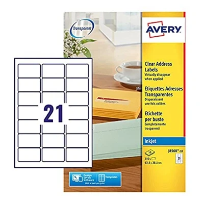 Image of Avery Printable, Customisable Address Mailing Labels, Inkjet Printers, 21 Labels per A4 Sheet, 210 Quickdry (J8560)