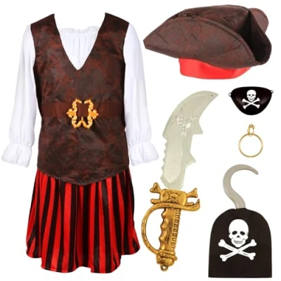 Image of Girls Pirate Costume 4 6 Years Pirates Shirt, Striped Skirt, Tricorn Hat Kids World Book Day Halloween Fancy Dress