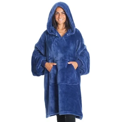 Image of Kanguru Fluffi Midnight Hoodie Fleece Throw Blanket Sweatshirt Kangurone Fluffy Flannel Oversized Wearable with fur effect, Blue, for Adults Men Women Teenagers size 95x95cm