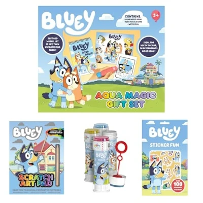 Image of Anila&#039;s Bluey Activity Set with Aqua Magic Gift Set, Scratch Art Pad, Bubble Tub Wand and Sticker Book.