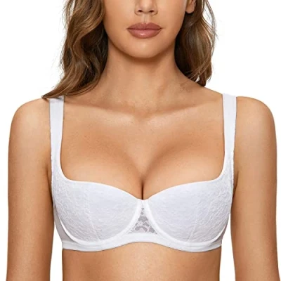 Image of DOBREVA Women&#039;s Push Up Bra Sexy Balconette Padded Half Cup Lace Underwired White (Cup Size is Small. Order 1 up.) 38D