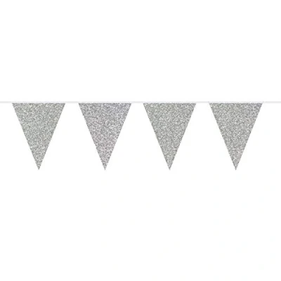 Image of Folat 60221 Glitter Bunting Garland 6 m, Silver Colored