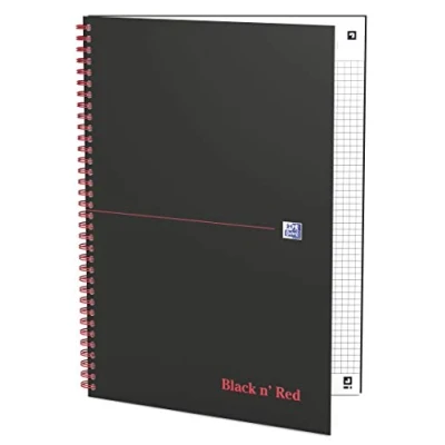 Image of Oxford 400047609 Spiral Bound Notebook Black n&#039; Red Pack of 5 DIN A4 Squared Matt Hard Cover 70 Sheets