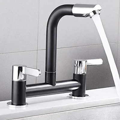 Image of Kitchen Sink Taps 2 Hole 1/4 Turn Dual Lever Deck Mounted Hot &amp; Cold Mixer Faucet Swivel Spout Black (Black)