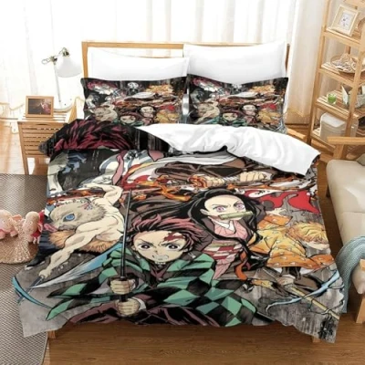 Image of GDEKCIEAS Anime 3D Demon Slayer Girls Bedding Set,3Pcs Duvet Cover Microfiber with Zipper,Breathable And Soft Quilt for Home Bedroom Decor Double（200x200cm）