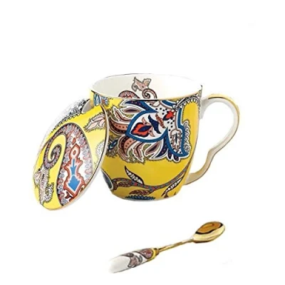 Image of YBK Tech Bone China Porcelain Tea Cup Coffee Mug with Lid for Breakfast Afternoon (Paisley Patterns Yellow)