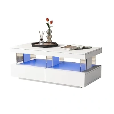 Image of ModernLuxe Coffee Table, White High Gloss Living Room Tables with 16 Colors LED Lights, Table 2 Drawers and Open Storage Space, Rectangular for 100*60*49.5 cm