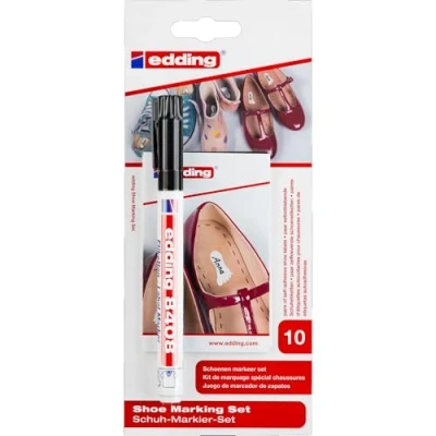 Image of edding 8408 shoe marker set black 1 pen and 10 labels round nib 0.75 mm for writing on personal