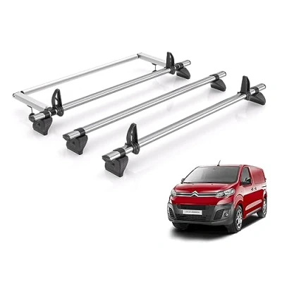 Image of Rhino Roof Rack for Citroen Dispatch 2016+ [Only Fits M (L2) and XL (L3) Wheelbase With Rear Barn Doors] 3 Bars &amp; Ladder Roller + Loadstops KR25/JC3FL/KLS2