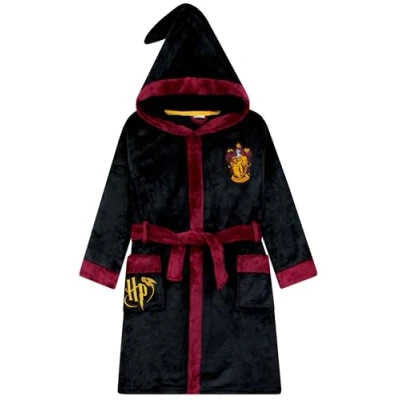 Image of Harry Potter Dressing Gown Gryffindor Fleece Gowns for Kids Hogwarts Robes Black 5 6 Years