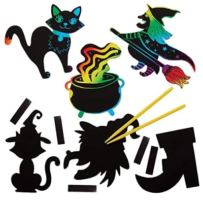 Image of Baker Ross FX179 Witch Scratch Art Magnets Pack of 12, Halloween Decorations Crafting Kits for Kids, Party Bag Fillers