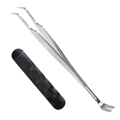 Image of iJiZuo 2 in 1 Professional Tick Tweezers and Hooks, Reliable Against Ticks of Any Size, Remover for Humans, Dogs, Cats (with Leather Bag)
