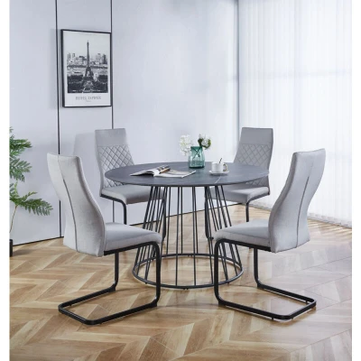 Image of Hallowood Furniture Cullompton Large Dining Table and Chairs Set of 4, Grey Marble Effect Top Round with High Backrest Fabric Chairs, for Home Café