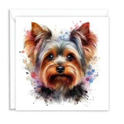 Image of Yorkshire Terrier (Yorkie) Dog Watercolour Splash Effect Artistic Blank Greeting Card