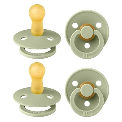 Image of BIBS Colour Soother 4 Pack, BPA Free Dummy Pacifier, Round Nipple. Natural Rubber Latex, Made in Denmark, Size 2 (6 18 Months), Sage