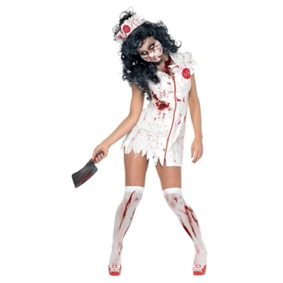 Image of Smiffys Zombie Nurse Costume, White with Dress, Mask &amp; Headpiece, Halloween Alley Fancy Dress Up Costumes