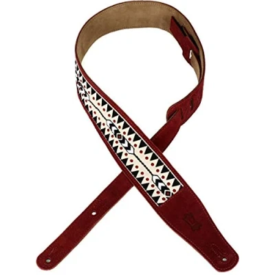 Image of Levy&#039;s Leathers 2.5&quot; Suede Leather Guitar Strap Embellish Design; Burgundy, Black, and Tan (MSJ26 BRG)