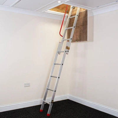 Image of BPS Aluminium Slider 2 Section Sliding Loft Ladder with Handrail D Shaped Rungs, Stowing Pole, Locking Catches 150kg Load Capacity