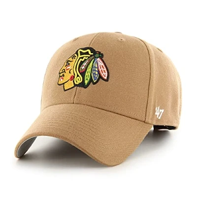 Image of 47 NHL Chicago Blackhawks MVP Unisex Baseball Cap, Hook &amp; Loop Strap, Indian Badge Logo, Colour Camel