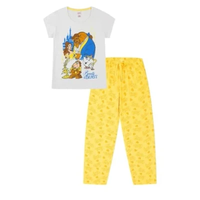 Image of Disney Womens Beauty and the Beast Long Cotton Pyjama Set Ladies PJ&#039;s (10 12) White