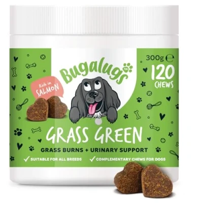 Image of Bugalugs Grass Green Dog Urine Neutraliser Chews, Supplements helps reduce Burn with Cranberry that Urinary &amp; Gut Health, Savers, Rich in Salmon, 120 Chews