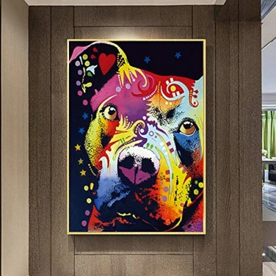 Image of N / A Canvas decorative prints Colourful Dog Thoughtful Pitbull Warrior Abstract Animal Painting Posters Print Wall Art Picture Living Room Decor 24x32inch