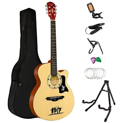 Image of Crystals 38 Classical Acoustic Guitar, Full pack Size 4/4 With Accessories 6 Strings Guitar Stand, Portable Plectrums, Tuner, Bag &amp; Strap (Wood Stand)