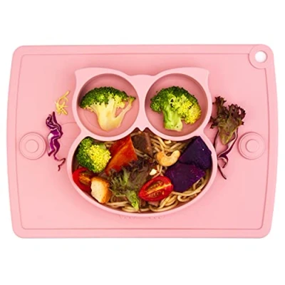 Image of Baby Silicone Placemat, Non Slip Feeding Plate for Toddlers Babies Kids with Strong Suction Fits Most Highchair Trays BPA Free FDA Approved, Dishwasher and Microwave Safe (Rose Owl)