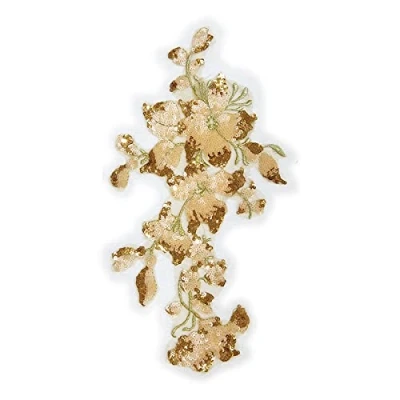 Image of SUNMOVE Embroidery Sequin Lace Applique Sewing Flower Fabric Collar Patch for Wedding Gown Dress Bridal DIY Crafts(Gold)