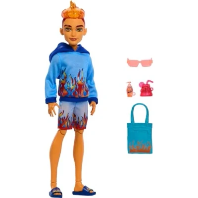 Image of Monster High Scare adise Island Heath Burns Doll with Flame Hoodie, Swim Trunks and Beach Accessories Like Sunglasses