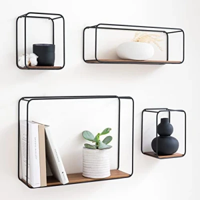 Image of Kazai. Wall Shelves Finn 3 Part Floating Set made of Metal and Real Wood Veneer Decor, Storage Shelf for Living Room, Kitchen, Bedroom Oak