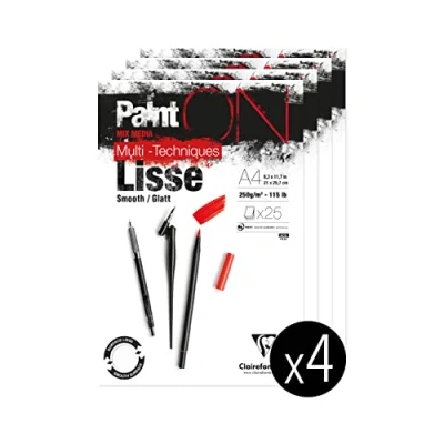 Image of Pack of 4 Clairefontaine pads 975729C A glued pad Paint&#039;On drawing paper 25 sheets 21x29.7 cm 250g, Smooth white