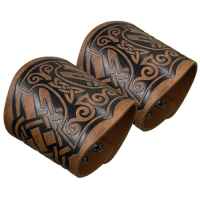 Image of HiiFeuer 2 piece Viking Embossed Faux Leather Cuff Bracelet,Norse Retro Wristband,Nordic Mjolnir Vegvisir Pattern Bangle Bracelet.(Mjolnir Black)