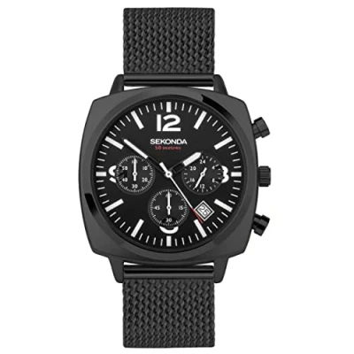Image of Sekonda Airborne Mens 40mm Chronograph Watch in Black with Analogue Date Display, and Stainless Steel Strap 30102
